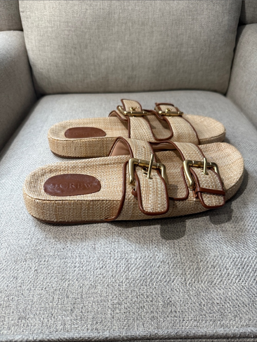 J. Crew Natural Woven Double-Buckle Slide Sandals with Gold Buckles USED